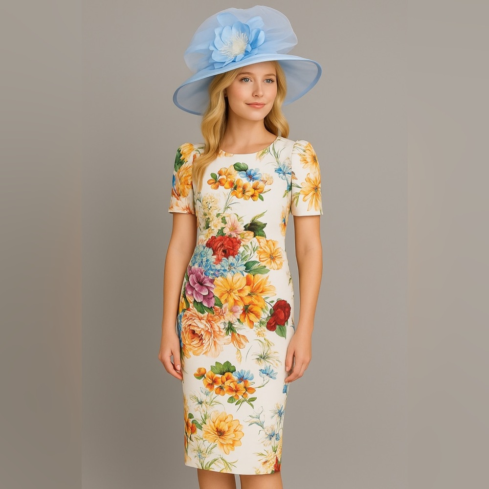 Kentucky Derby Hat Wide Brim Floral Organza Blue